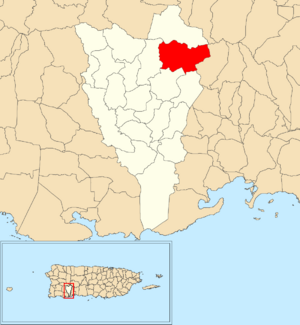 Location of Aguas Blancas within the municipality of Yauco shown in red