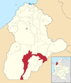 Location of the municipality and town of Montelíbano in the Córdoba Department of Colombia.