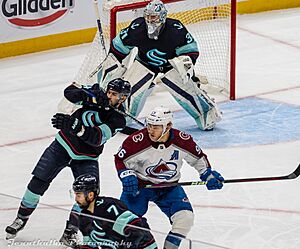 Colorado Avalanche at Seattle Kraken - 2023-04-24 - Round 1 Game 4 - Mikko Rantanen and Justin Schultz (52852359194)