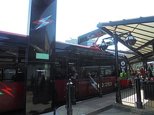 Electric bus on charge at Harrogate bus station (19th April 2019)