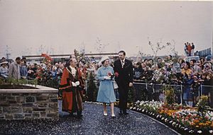Her Majesty The Queen at the unveiling of a Scented Garden for the Blind, Haverstoe Park, Cleethorpes 1977 (archive ref CCHU-4-1-9-2) (26465490852)
