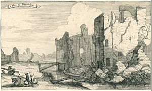 Het slot bij Breukelen, verwoest door de Fransen in 1672 't Slot te Breukelen (titel op object) Reeks van dertien afbeeldingen van de dorpen en kastelen in de provincie Utrecht door de Fransen in 1672 verwoest (serieti, RP-P-OB-77.097