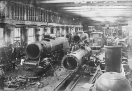 Interior view of the erecting shop at Hillside Railway Workshops, Dunedin. ATLIB 307057