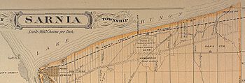 The St Clair River is the large watercourse on the western side of this map, Cow Creek is the larger watercourse on the east of this map.