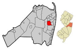 Map of Eatontown in Monmouth County. Inset: Location of Monmouth County highlighted in the State of New Jersey.