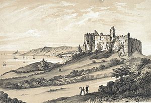 Oystermouth castle, with its village and lighthouse, Swansea bay