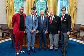 President Joe Biden greets Kansas City Chiefs' President Mark Donovan, Head Coach Andy Reid and players Patrick Mahomes and Travis Kelce in the Oval Office of the White House on June 5, 2023 - P20230605AS-0902