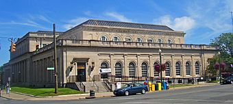 View of Schenectady post office from across the street, showing neoclassical front facade