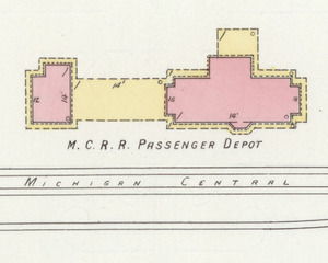 September 1908 Passenger Depot, Michigan Central Railroad - Sanborn Fire Insurance Map from Dowagiac, Cass County, Michigan. LOC sanborn03988 004-6 (cropped)
