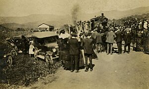 The first train from Hayesville NC arrives at Tusquittee station