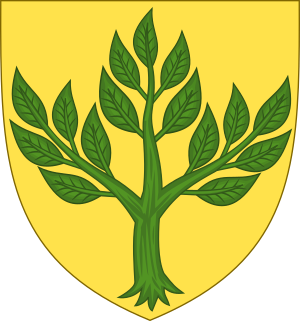 A yellow crest with a green alder plant. Three arms grow in three directions, all full of leaves.