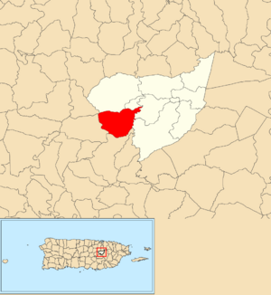 Location of Bayamoncito within the municipality of Aguas Buenas shown in red