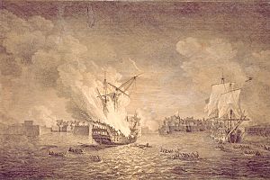British burninng warship Prudent and capturing Bienfaisant. Siege of Louisbourg 1758. Maritime Museum of the Atlantic, M55.7.1