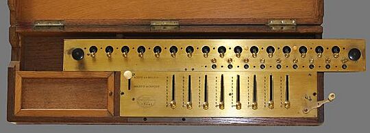 Close-up of the front panel of a Thomas Arithmometer