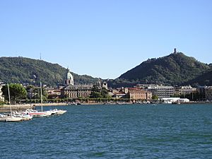 View from Lake Como. The tower which tops the hill on the right is the Castello Baradello.