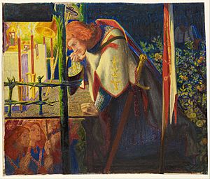 Dante Gabriel Rossetti - Sir Galahad at the ruined Chapel - Google Art Project