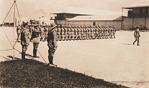 Governor of Bermuda Lieutenant-General Sir Louis Bols takes salute at Prospect Camp in 1930