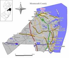 Map of Hazlet Township in Monmouth County. Inset: Location of Monmouth County in the State of New Jersey.