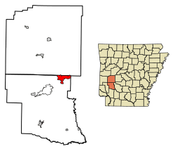 Location of Glenwood in Montgomery County and Pike County, Arkansas.