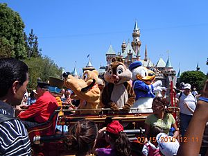Pluto, Chip and Donald Duck on fire truck at Disneyland