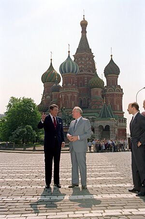 President Ronald Reagan and Soviet General Secretary Mikhail Gorbachev in Red Square during the Moscow Summit