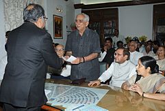 Shri Jaswant Singh filing the nomination papers for the Vice Presidential election, at Parliament, in New Delhi on July 20, 2012. The Leader of Opposition in Lok Sabha, Smt. Sushma Swaraj and other dignitaries are also seen