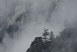 Sierra Point in Mist against Granite Backdrop as Seen from the Top of Vernal Fall