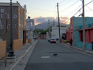 Street in Luquillo, Puerto Rico with El Yunque in the background