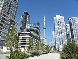 View of CityPlace with CN Tower in the centre background