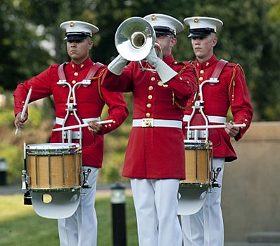 U.S. Marines assigned to the Marine Drum and Bugle Corps perform during a Sunset Parade at the Marine Corps War Memorial in Arlington, Va., July 16, 2013 130716-M-GK605-207