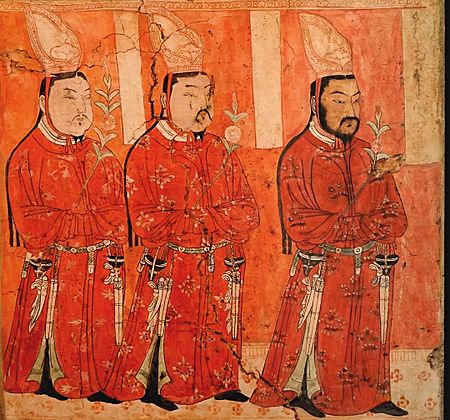 Uyghur princes wearing Chinese-styled robes and headgear. Bezeklik, Cave 9, 9-12th century CE