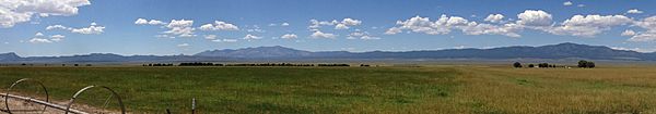 2014-08-09 13 04 29 Panorama of ranches in Shoshone, Nevada from Nevada State Route 894 (Shoshone Road) about 1.1 miles north of the end of pavement-cropped