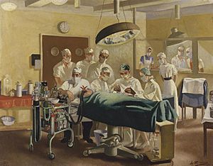 Archibald Mcindoe - Consultant in Plastic Surgery to the Royal Air Force, operating at the Queen Victoria Plastic and Jaw Injury centre, East Grinstead Art.IWMARTLD6001