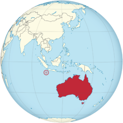 Location of Christmas Island (red circle) and the location of Australia mainland (continent in red)