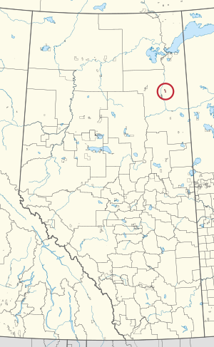 A map of the province of Alberta showing 80 counties and 145 small Indian reserves. One is highlighted with a red circle.