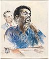 Drawing for CBS Evening News of Bobby G. Seale with Arnold Markle, State Attorney for the Judicial District of New Haven, in the back ground