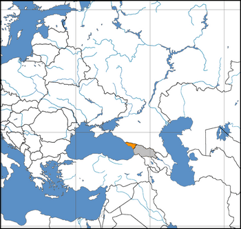 Map centered on the Caucasus indicating Abkhazia (orange)and Georgia proper and South Ossetia (both grey).