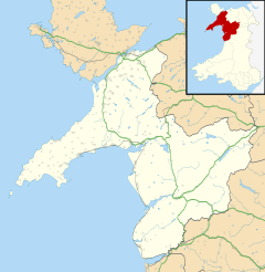 Map of Gwynedd, with a red dot showing the location of Dolgellau