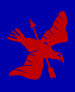 A German eagle in red, pieced by a red arrow, on a blue background.