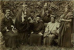 King of Sikkim with a group of Lama, Darjeeling, India, c. 1900