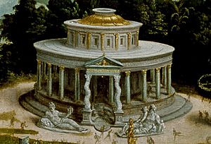 Maerten van Heemskerck - Panorama with the Abduction of Helen Amidst the Wonders of the Ancient World - Temple of Isis, statues of Tiber and Nile rivers