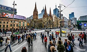 Melbourne crowd from Flinders St Station