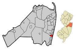 Map of Belmar in Monmouth County. Inset: Location of Monmouth County highlighted in the State of New Jersey.