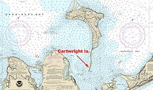 NOAA map of Gardiners Bay, Gardiners Island and small narrow Cartwright Island