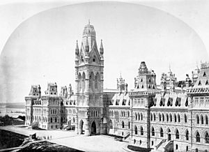 Image of the old Centre Block of the Canadian Parliament (neo-Gothic architecture, with tower)