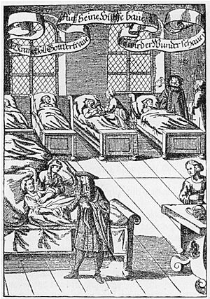 Physician in hospital sickroom printed 1682
