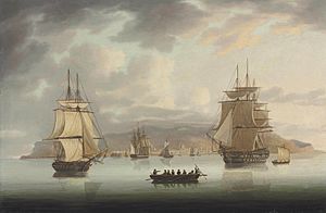Thomas Buttersworth - Funchal Roadstead, H.M.S. Blenheim with Greyhound and Harrier Outward Bound, 1805 NYR 2012