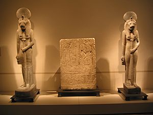 Two statues of goddess Sachmet and grave relief
