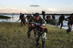 US Navy 040626-N-1464F-019 Peruvian Marines conduct a beach assault during UNITAS 45-04 field training along the Amazon River