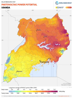 Uganda PVOUT Photovoltaic-power-potential-map GlobalSolarAtlas World-Bank-Esmap-Solargis